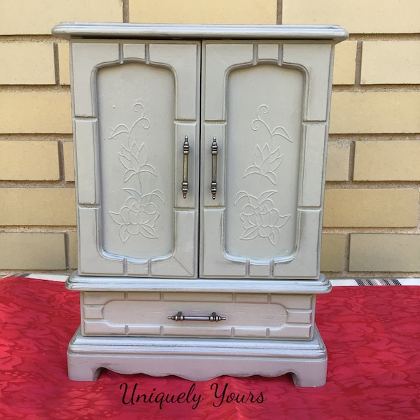 Light Gray White Magnolia Flowers Floral Jewelry Box Tall Standing Armoire Shabby Chic Cottage Farmhouse