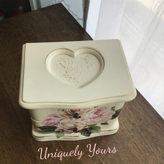 Cream with roses flower vintage music jewelry box… - image 3