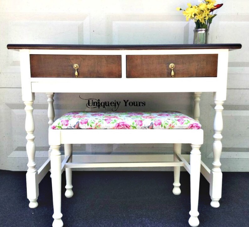 Vintage Vanity Floral Bench Stain Wood Top Drawers Gold Rustic Etsy