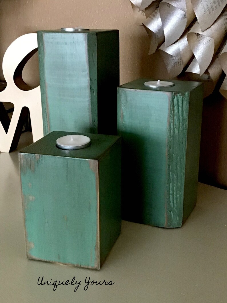 Rustic Wood Block Tealight Candle Holder Handmade Green Etsy