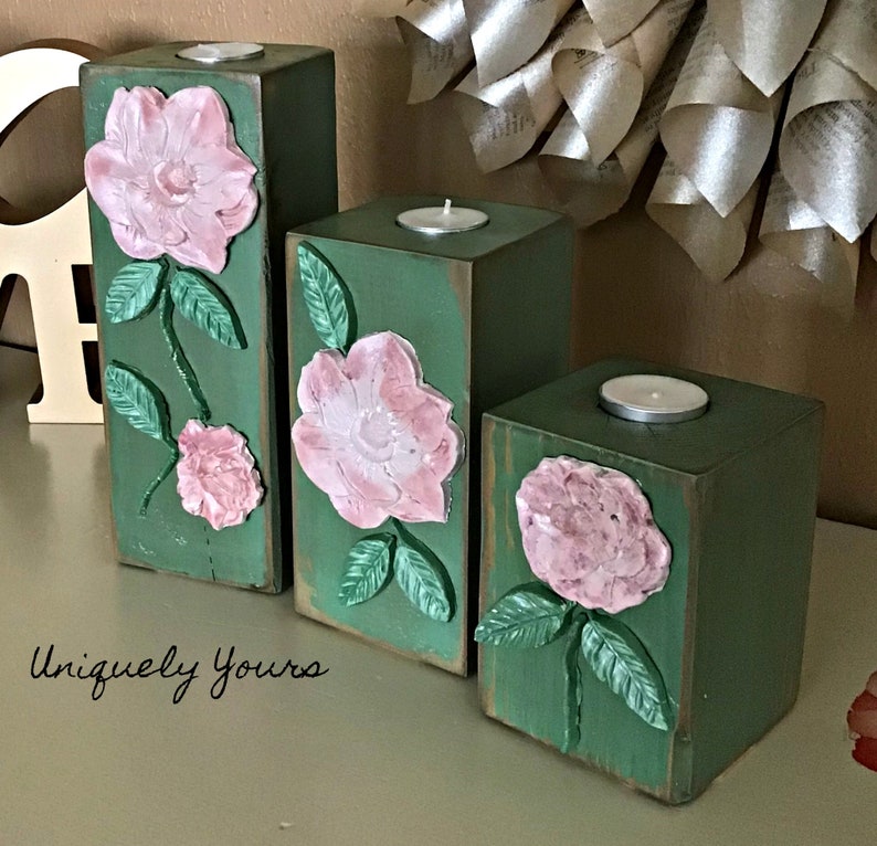 Rustic Wood Block Tealight Candle Holder Handmade Green Etsy