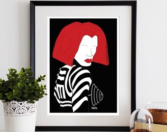 May include: Framed art print. The artwork depicts a person with red hair, red lips, and a black and white striped design on the back. The background is black. The print is in a black frame.