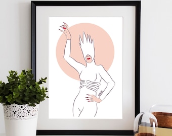May include: Line art illustration of a person wearing a white outfit with a spiky white hairdo. The person is standing with one arm raised and the other hand on their hip. The background is a peach-coloured circle.