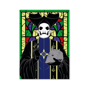 May include: A stained glass window design featuring a figure in a black robe and hat, holding a mask. The figure has a white face with black eyes and a black mouth. The window is framed in green and has a yellow, red, and purple background.