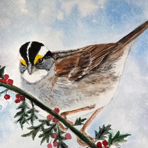 Tarjeta navideña de pájaro invernal de 5 x 7 con gorrión de garganta blanca