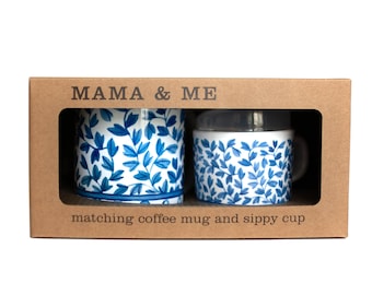 Helmsie BLUE AND WHITE Mama and Me Blue and White Matching Mug and Sippy Cup Set,  Chinoisserie toddler “coffee” mug.