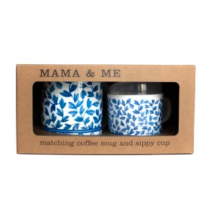 Helmsie AZUL Y BLANCO Mama and Me Blue and White Matching Mug and Sippy Cup Set, Chinoisserie toddler "coffee" mug.