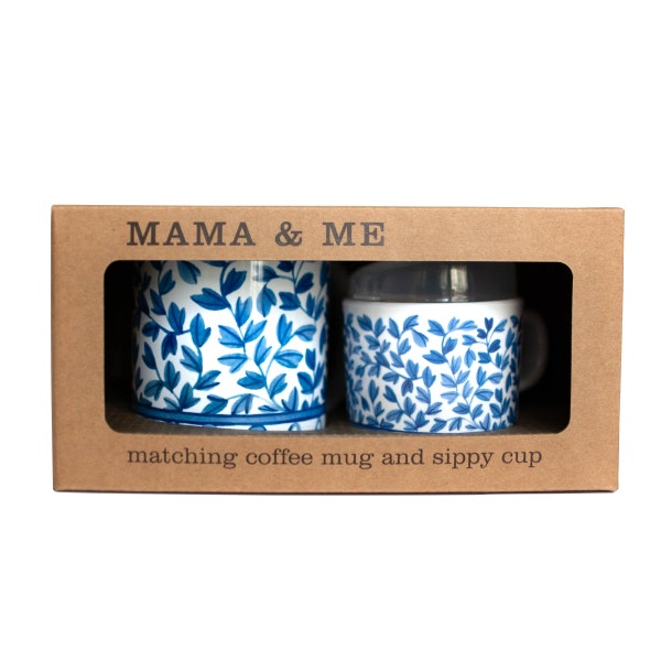 Helmsie BLUE AND WHITE Mama and Me Blau weiß Passende Tasse und Sippy Cup Set, Chinoisserie Kleinkind "Kaffee" Tasse.