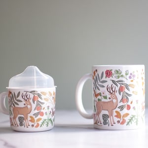 Juego de taza y sorbete a juego con diseño de animales del bosque, zorro, ciervo y conejo, de Helmsie, para mamá y papá. Taza de café para mamá y tazas para niños pequeños.
