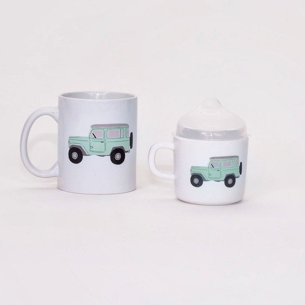 Helmsie VINTAGE TRUCK Dad and Me, Two of a Kind Dad and Me Becher und Schnabeltasse Set, Vatertag abnehmbares Oberteil für Kleinkind “Kaffee” -Tasse.