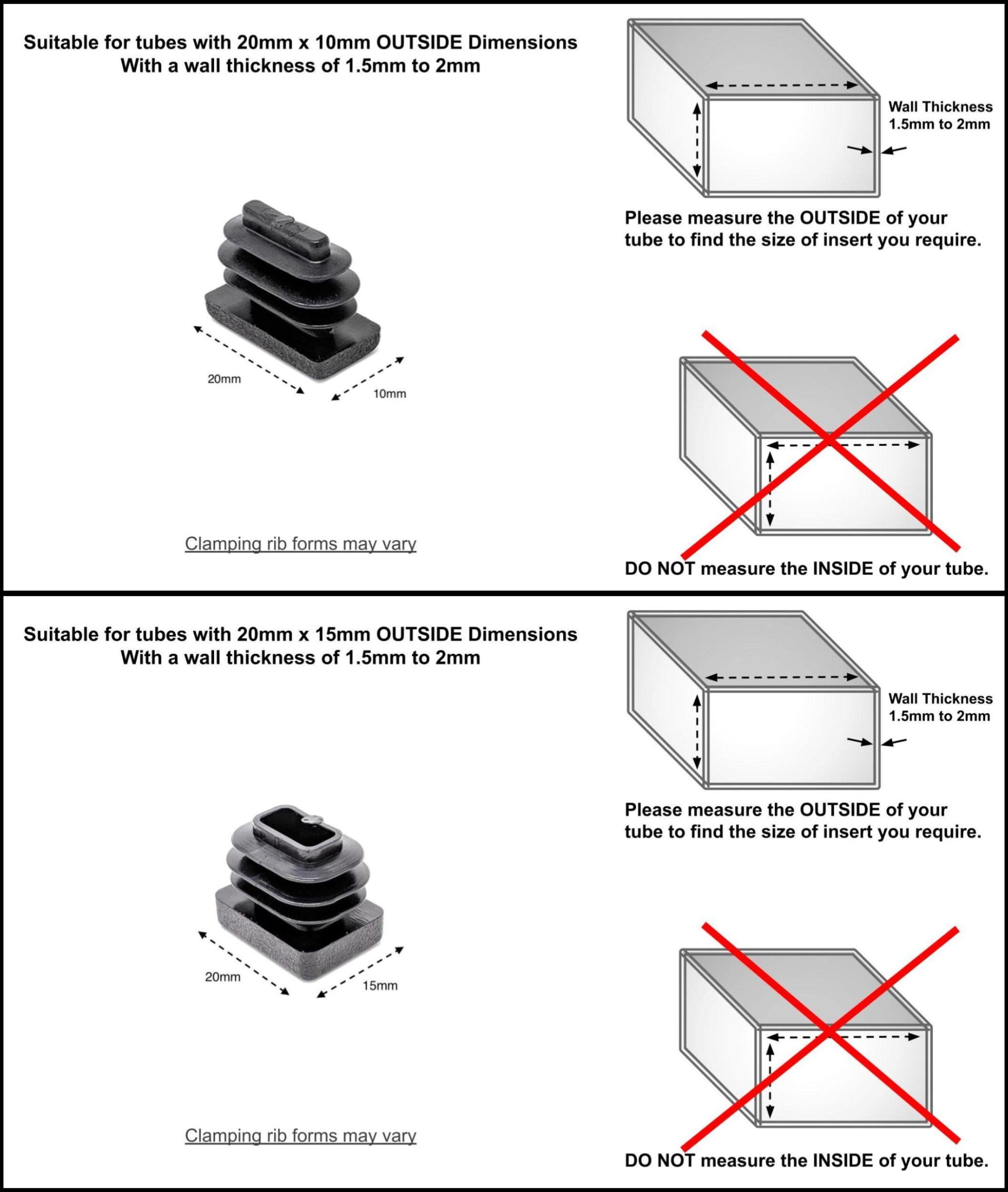 Plástico Cuadrado Tubo Tapones de supresión casquillos de extremo inserciones de sección de caja// Negro 