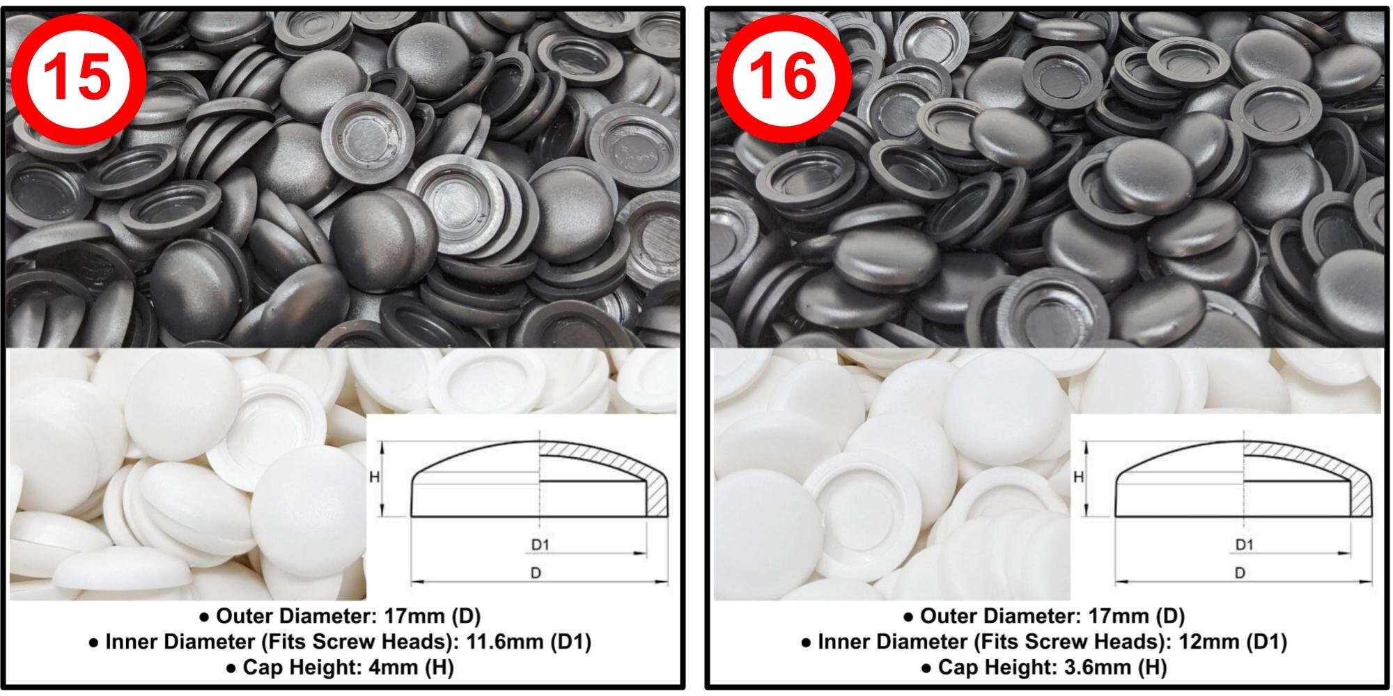 BLACK Round & Pan Head Screws-Made in Germany-WHITE Push On Screw Caps Domed 