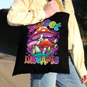 Sweet Dreams Mushroom Black Tote Bag