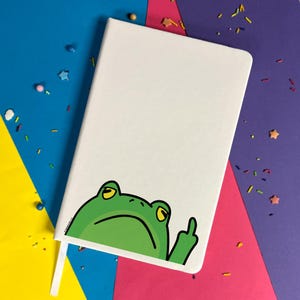 May include: White notebook featuring a green frog illustration on the bottom left, giving the middle finger. The frog has yellow eyes and a grumpy expression. The background is a mix of blue, yellow, and purple with confetti.