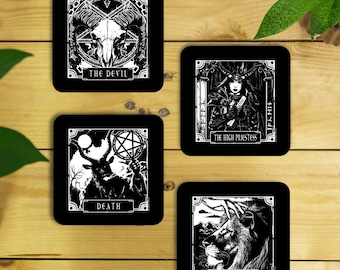 Deadly Tarot Death, The Devil, Strength & The High Priestess 4 Piece Coaster Set