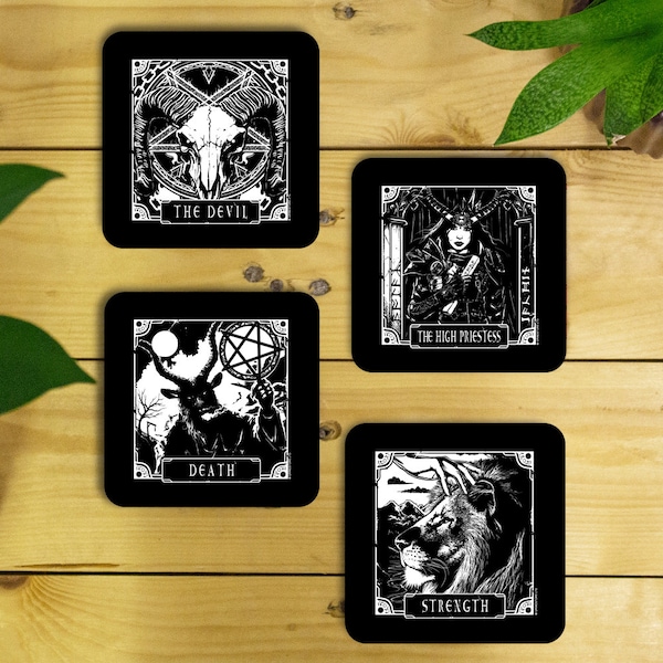 Deadly Tarot Death, The Devil, Strength & The High Priestess 4 Piece Coaster Set