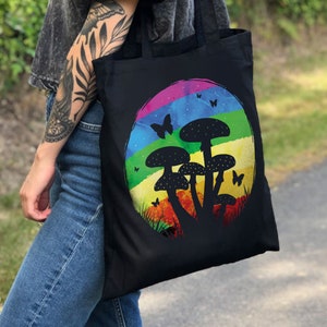 Rainbow Mushrooms Black Tote Bag