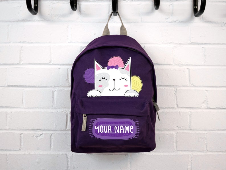 Personalised Kids Backpack Cute Cat Purple