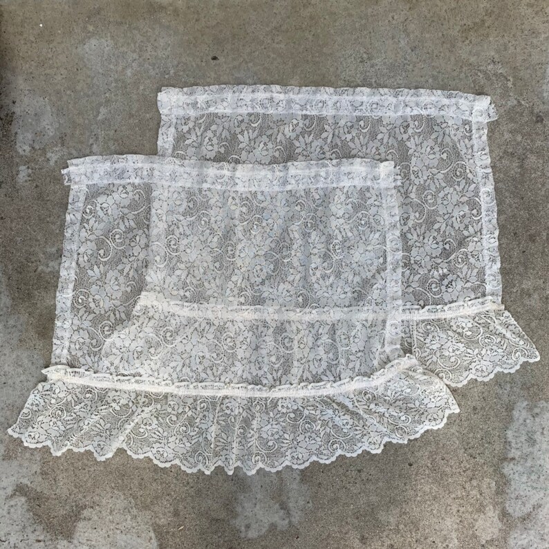 Handmade set of white lace short ruffle curtains