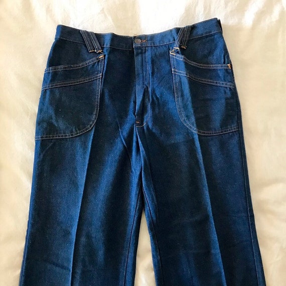 70s wide leg jeans denim with orange stitch