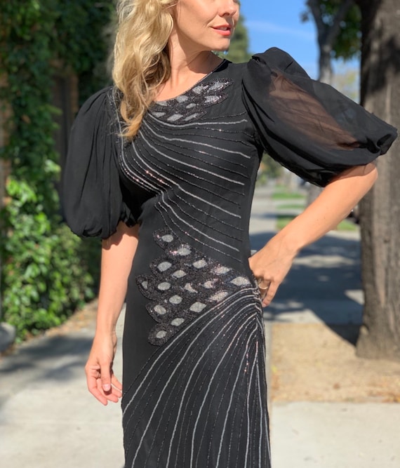 Oleg Cassini black beaded dress with bishop sleeve