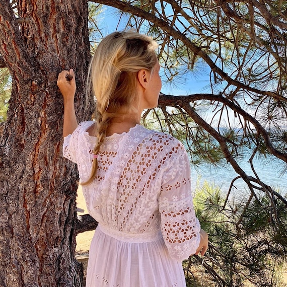 Antique cotton embroidered eyelet summer dress whi