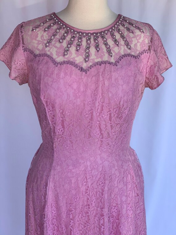 50s Sweetheart Pink Lace fit n flare Maxi Dress M - image 4