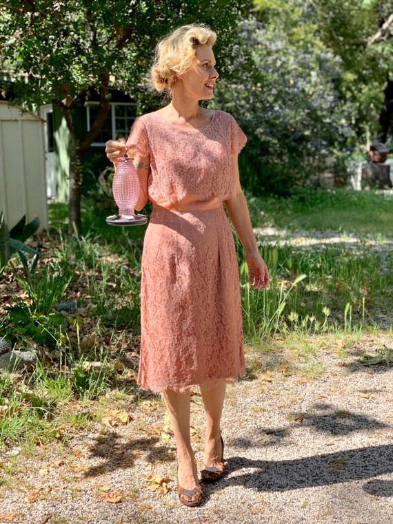 Peach Beige 1940s lace midi dress - image 8