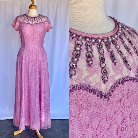 50s Sweetheart Pink Lace fit n flare Maxi Dress M - image 1