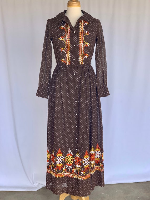 70s Folk style brown polka dot maxi dress embroid… - image 10
