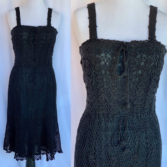 Black Sleeveless Crochet Knit Dress 70s vintage