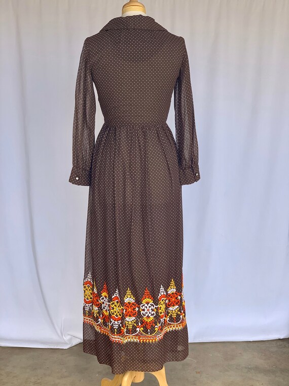 70s Folk style brown polka dot maxi dress embroid… - image 2