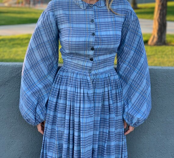 70s blue plaid prairie dress - image 2