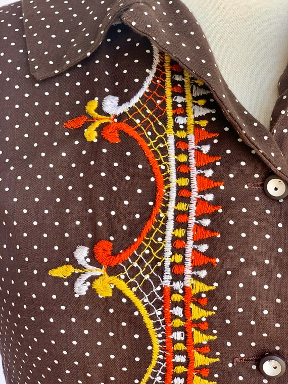 70s Folk style brown polka dot maxi dress embroid… - image 8