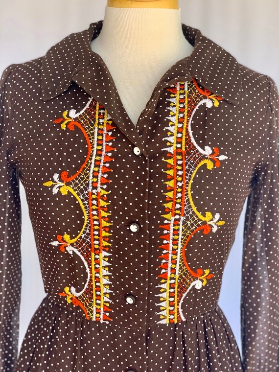 70s Folk style brown polka dot maxi dress embroid… - image 9