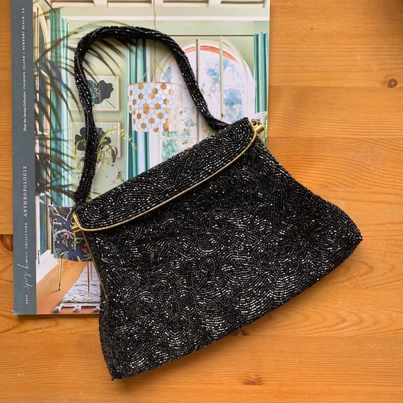Inticately beaded black purse 50s