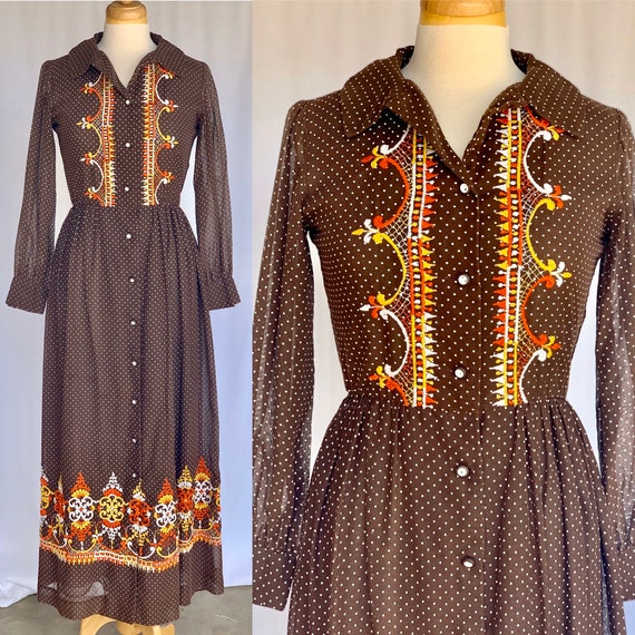 70s Folk style brown polka dot maxi dress embroid… - image 1