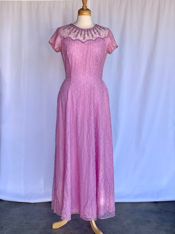 50s Sweetheart Pink Lace fit n flare Maxi Dress M - image 2