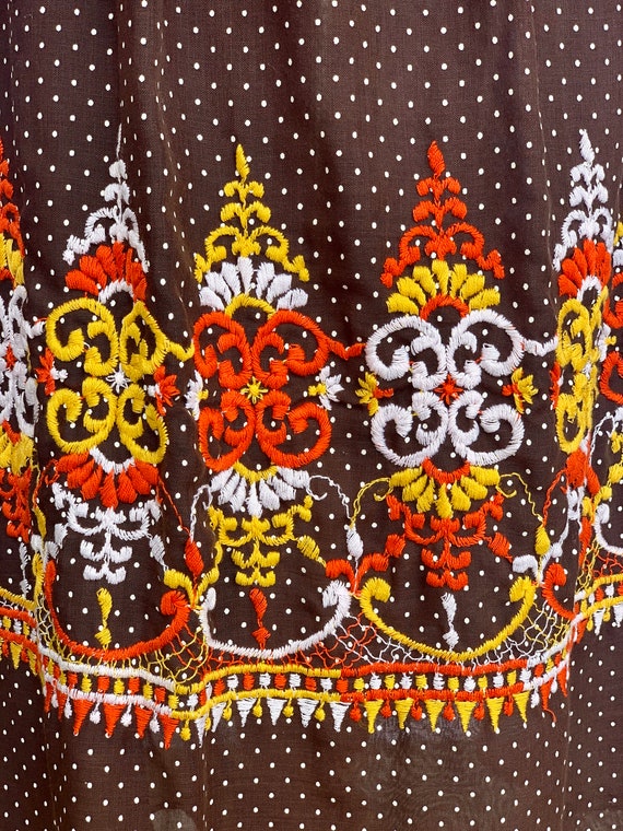70s Folk style brown polka dot maxi dress embroid… - image 5