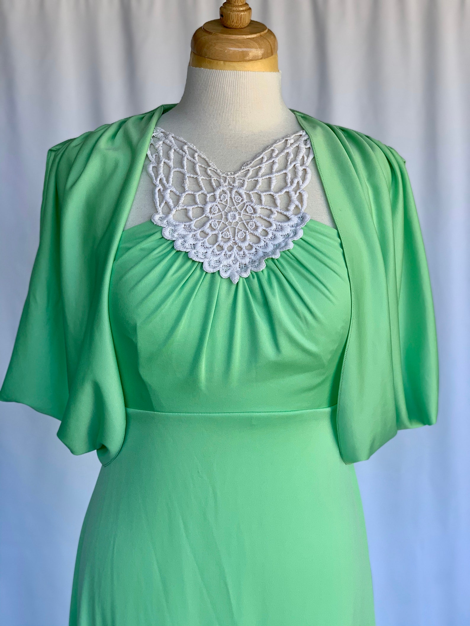 70s Sleek Pistachio Green Maxi Dress With Crochet Decolage | Etsy