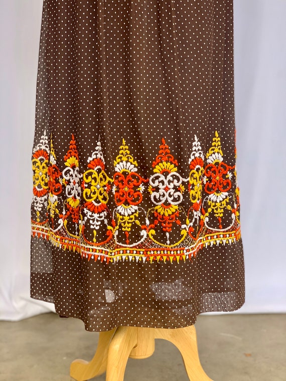 70s Folk style brown polka dot maxi dress embroid… - image 6