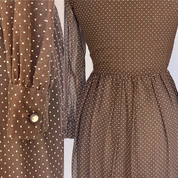 70s Folk style brown polka dot maxi dress embroid… - image 3