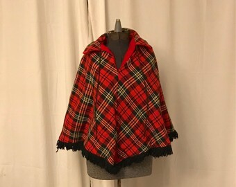 Vintage Plaid Cape, Poncho, Cape, Red tartan, Fringed Cape