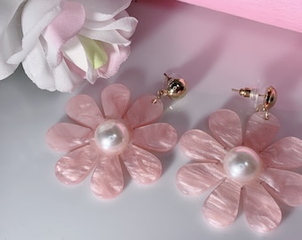 Pendientes ligeros de acetato floral, pendientes de aro, forma geométrica de piedra de carey, regalo para ella