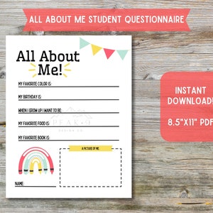 First Day of School Questionnaire Back to School Printable All About Me ...