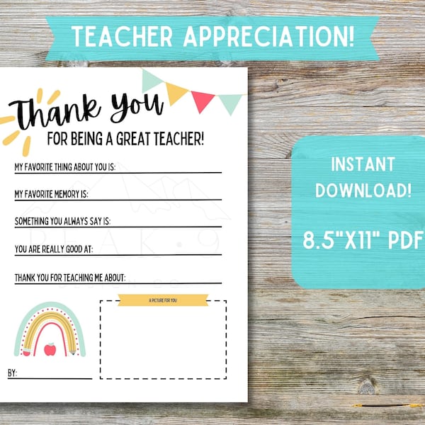 Teacher Appreciation Printable | Teacher Appreciation Week | Teacher Thank You Note | Note From Students to Teacher