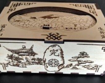Mt Fuji keepsake box, wood etched, Relief cut scene, sliding latch, hidden hinge, gift, present, Japanese Kanji,