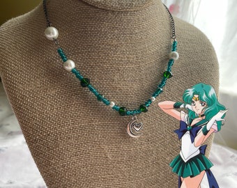 Sailor Neptune inspired Necklace Sailor Moon Inspired Gunmetal Chain necklace with green and pearl beads and moon charm| Heart Note Designs