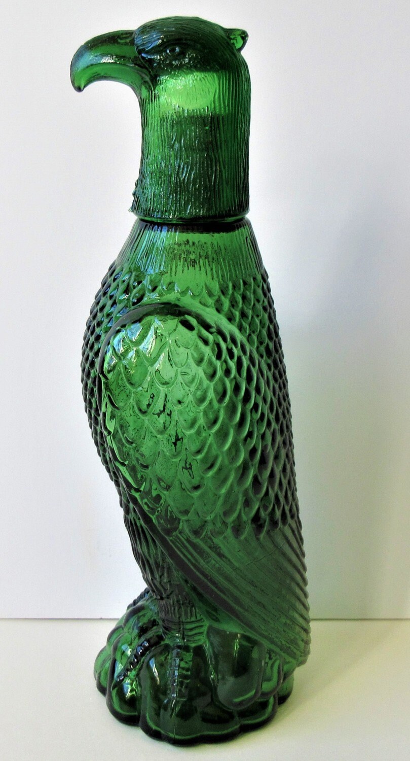 Green Glass Eagle Decanter Bottle w Shot Glass Head 11 Etsy