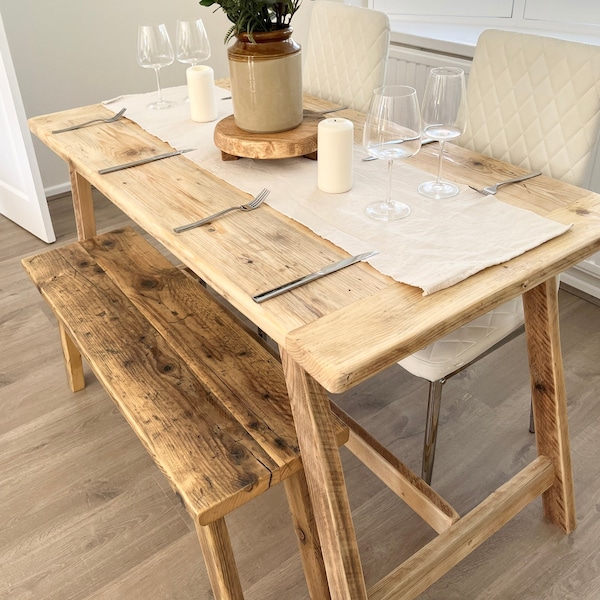 BITTERNE- Rustic Dining Table and Bench With Wooden A Frame legs- Bread board Table- Made From Reclaimed Wood-For Indoor Or Outdoor Use